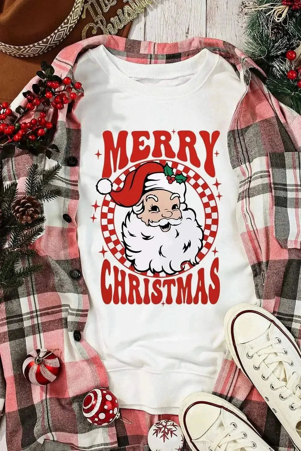 Santa Graphic Round Neck Long Sleeve Sweatshirt - Love Salve 