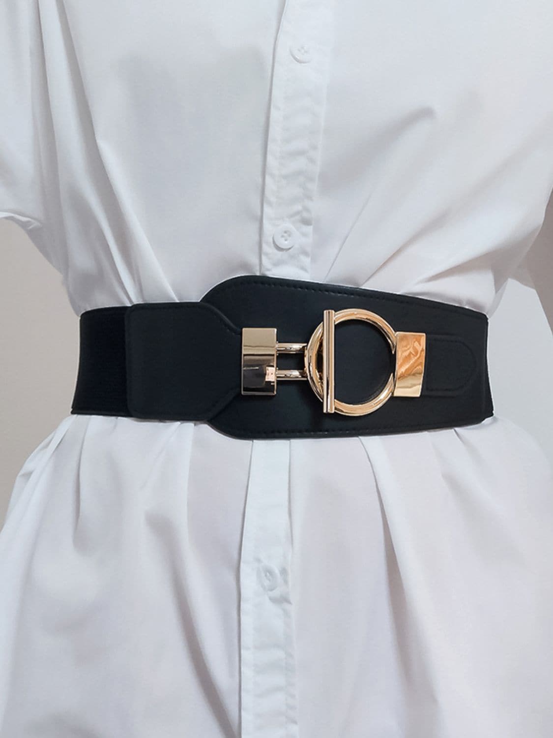 PU Elastic Wide Belt with Alloy Buckle.