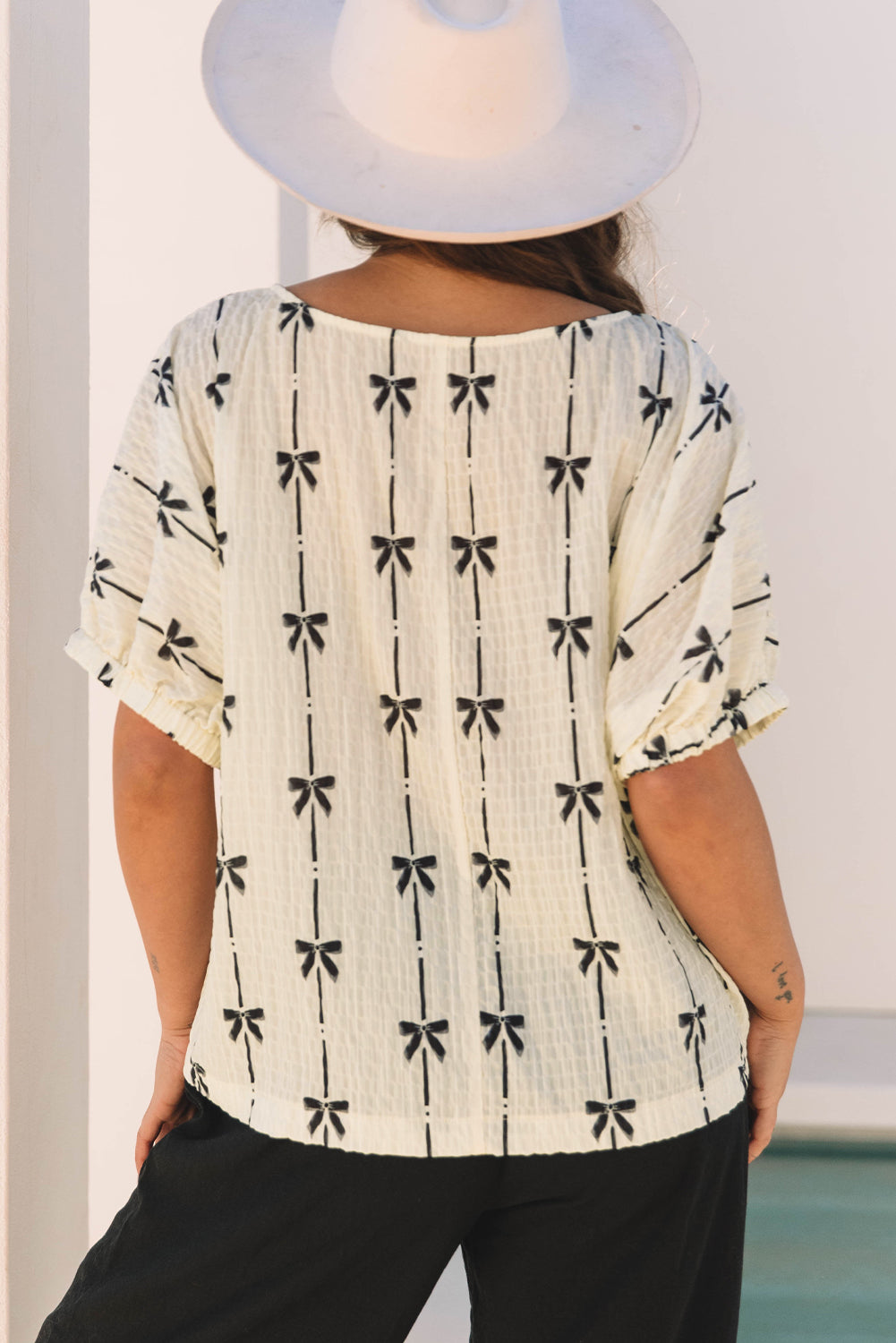 Beige Bow Print Puff Short Sleeve Top for Women Fashion