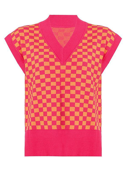 Full Size Checkered V-Neck Cap Sleeve Sweater.