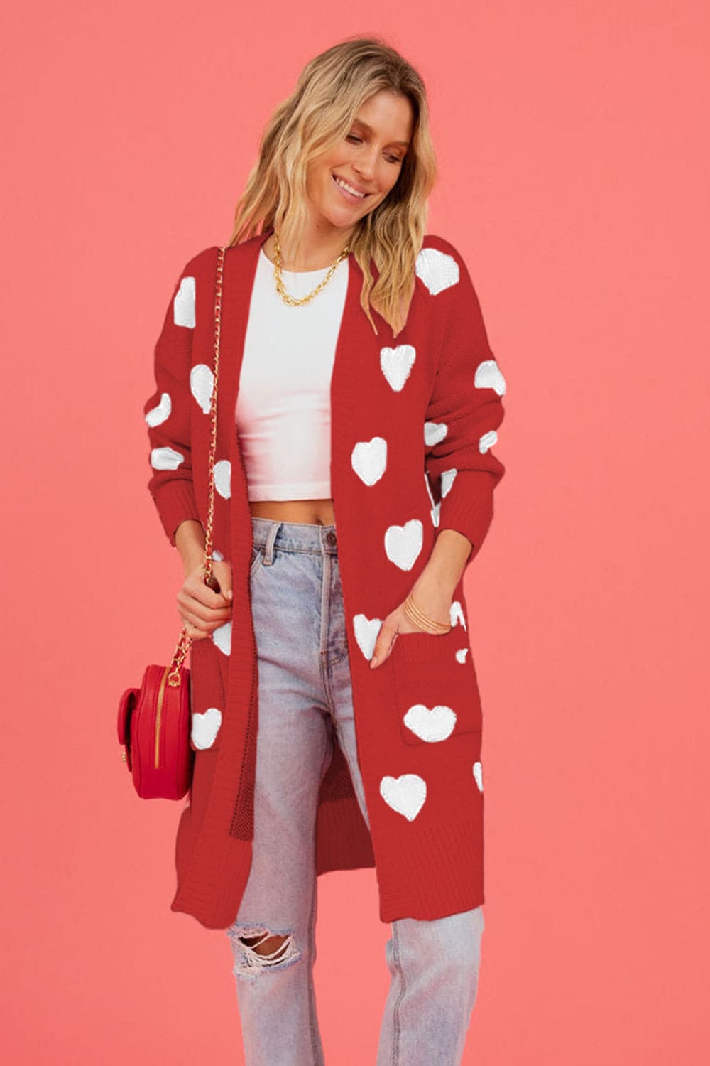 Heart Graphic Open Front Cardigan with Pockets.