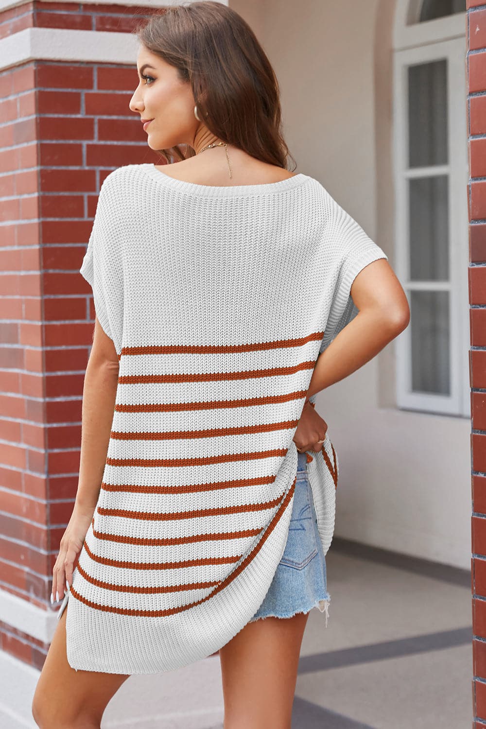 Striped V-Neck Short Sleeve Knit Top.