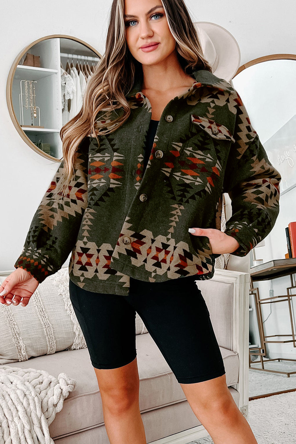 Chic green Aztec print long sleeve shacket with flap pockets