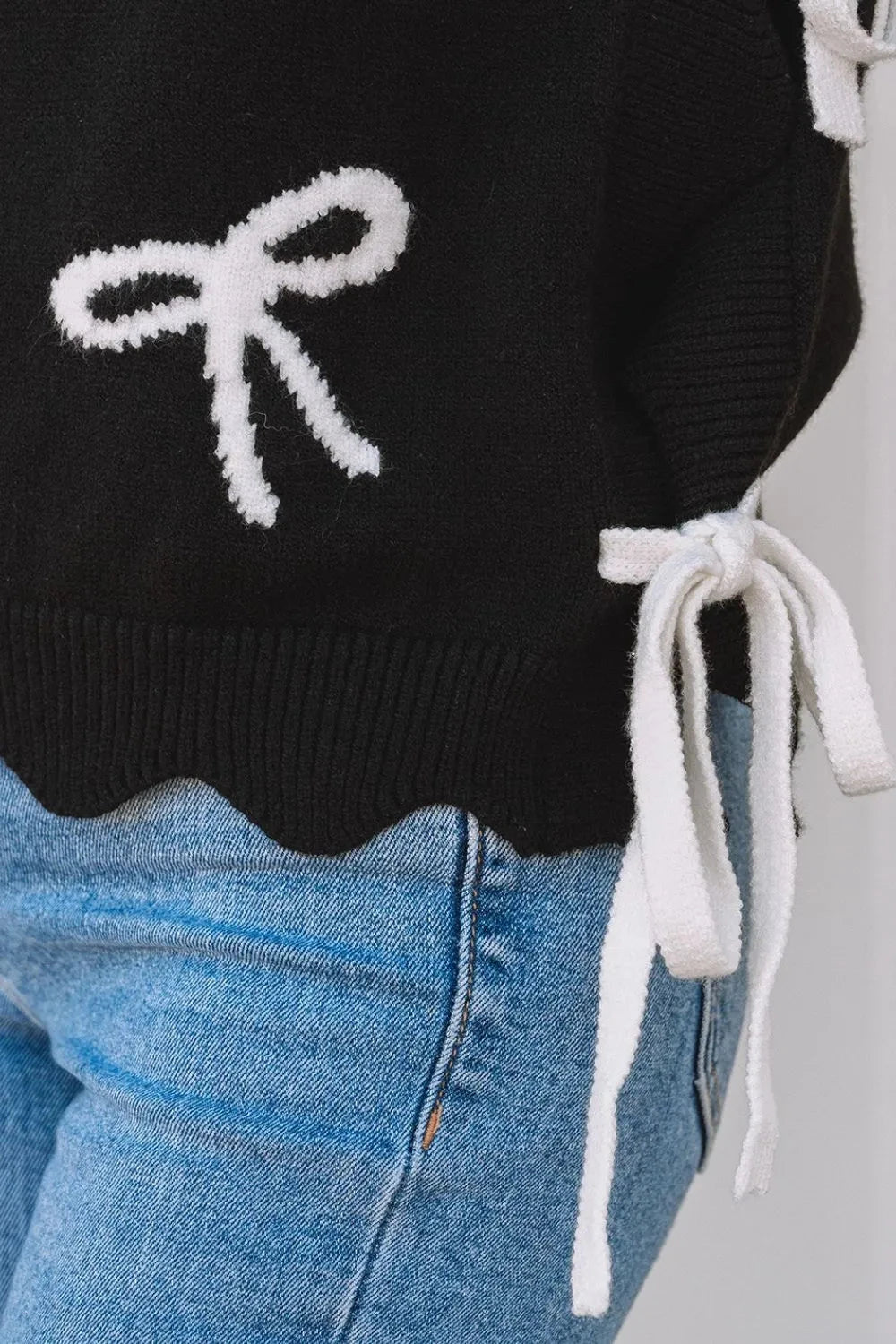 Bow Side Ties Scalloped Hem Cap Sleeve Sweater Simply Love