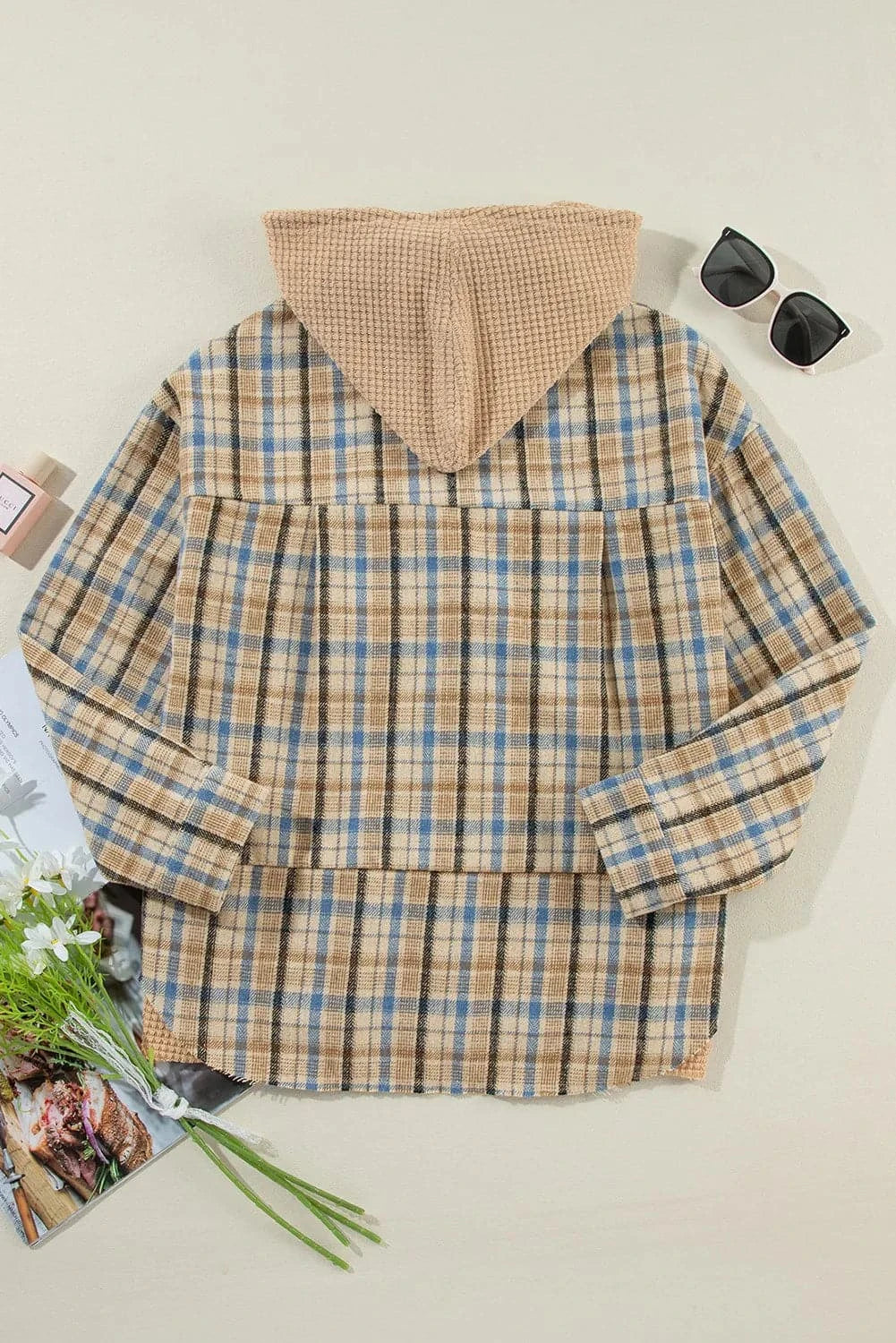 Drawstring Plaid Button Up Hooded Shacket.