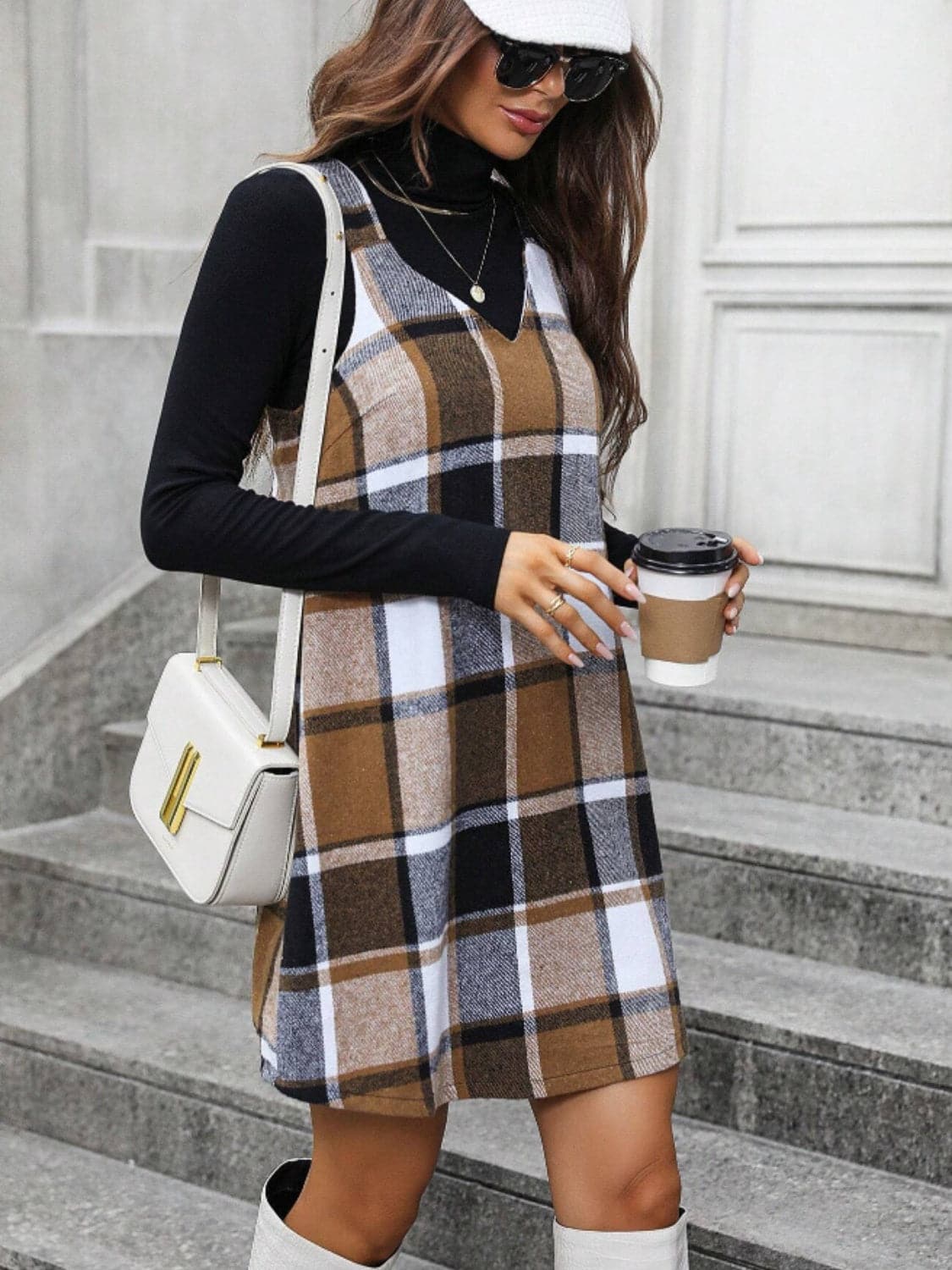 Plaid V-neck dress with wide straps and a flattering fit