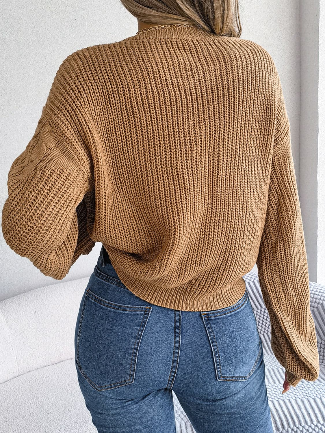 Cable-Knit Round Neck Drop Shoulder Sweater.