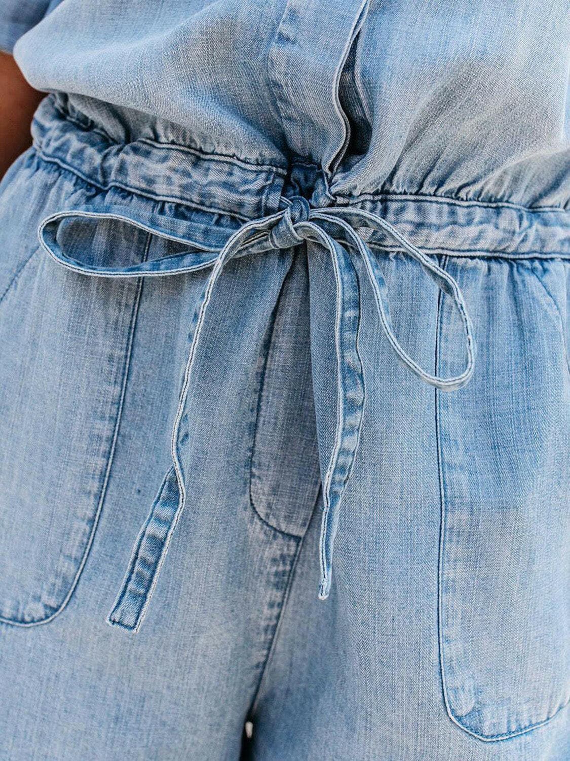 Drawstring Half Button Half Sleeve Denim Romper.