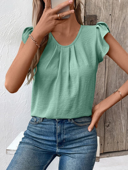 Ruched Round Neck Cap Sleeve Blouse.