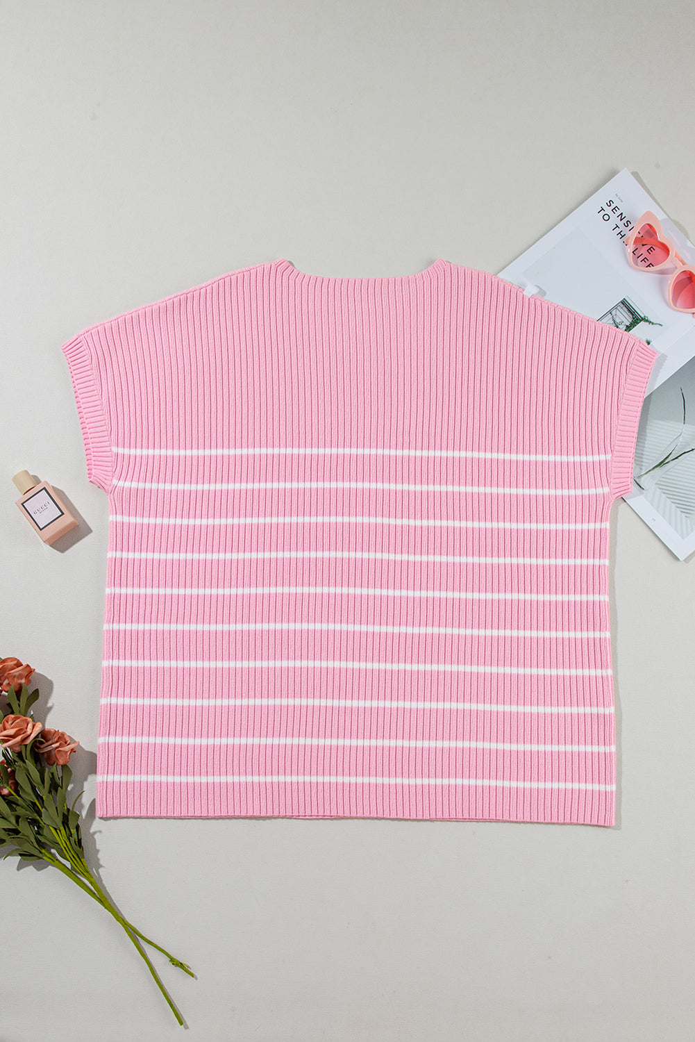 Chic pink striped ribbed plus-size tee for ultimate comfort