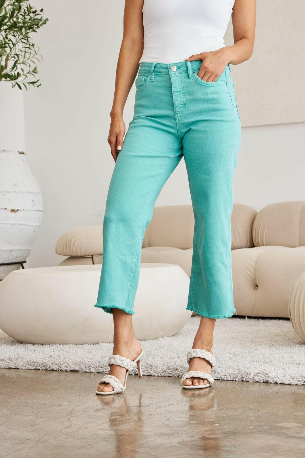 RFM Full Size Tummy Control High Waist Raw Hem Jeans.