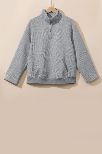 Chic light grey plus size pullover sweatshirt with snap buttons