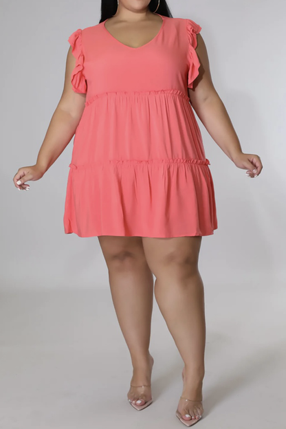 Plus Size V-Neck Frill Trim Mini Dress.