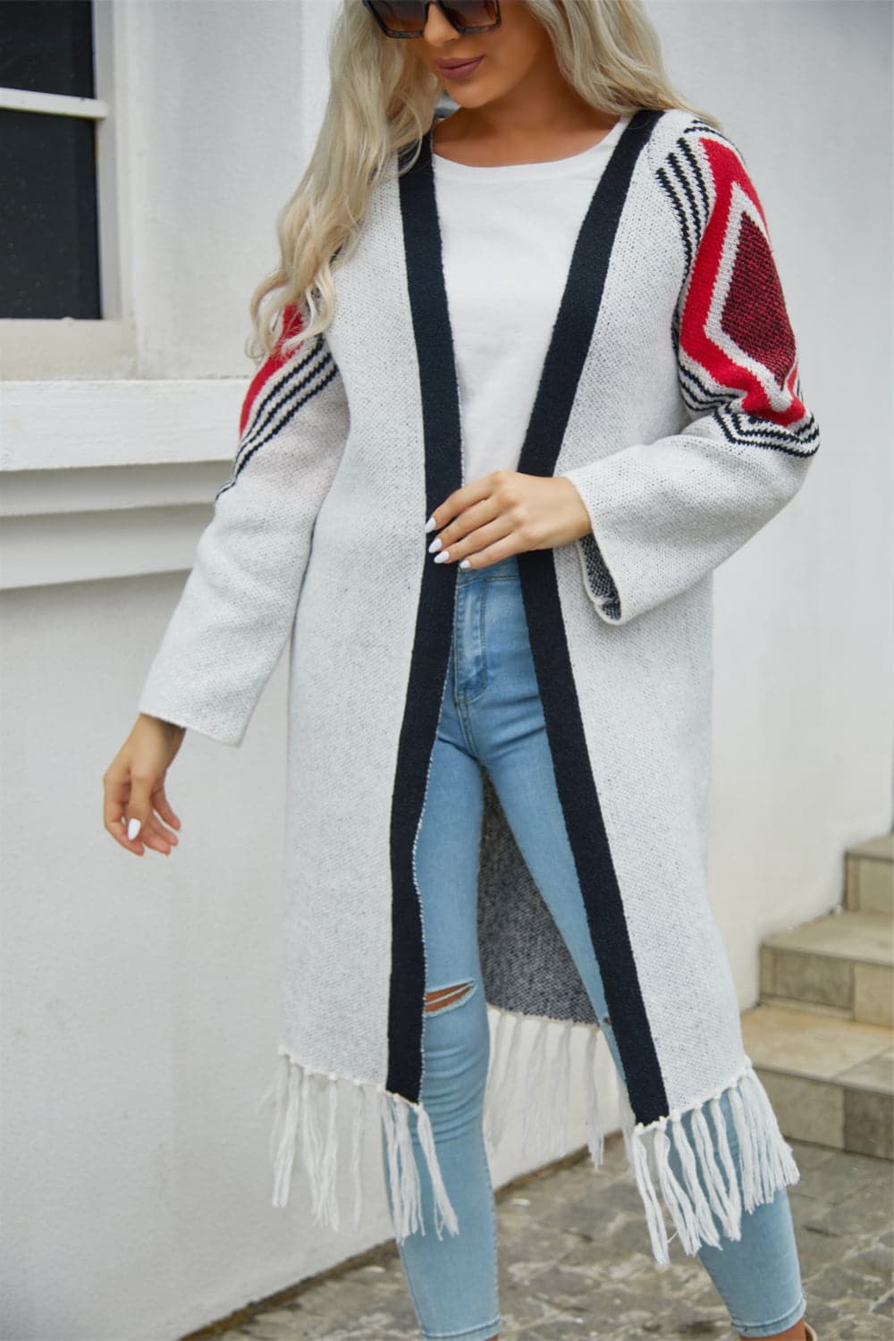 Geometric Fringe Hem Open Front Duster Cardigan.