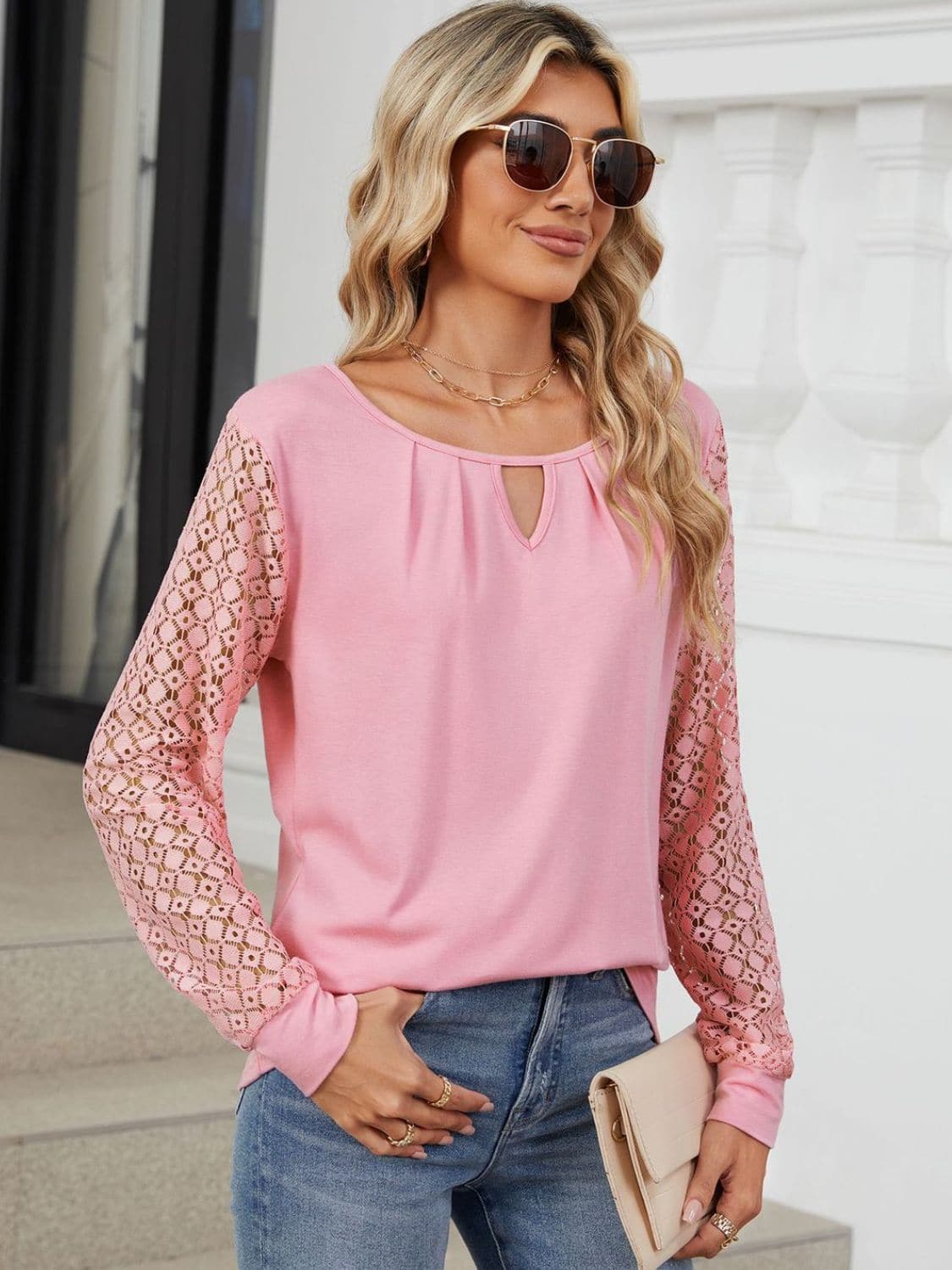 Cutout Round Neck Long Sleeve T-Shirt.