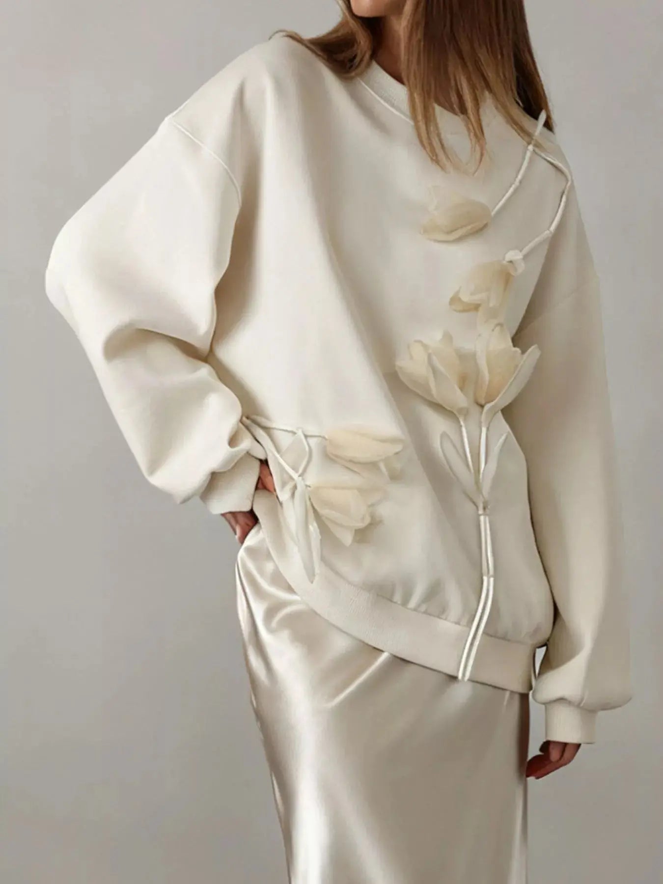 Cream Floral Embellished Dropped Shoulder Sweatshirt Simply Love