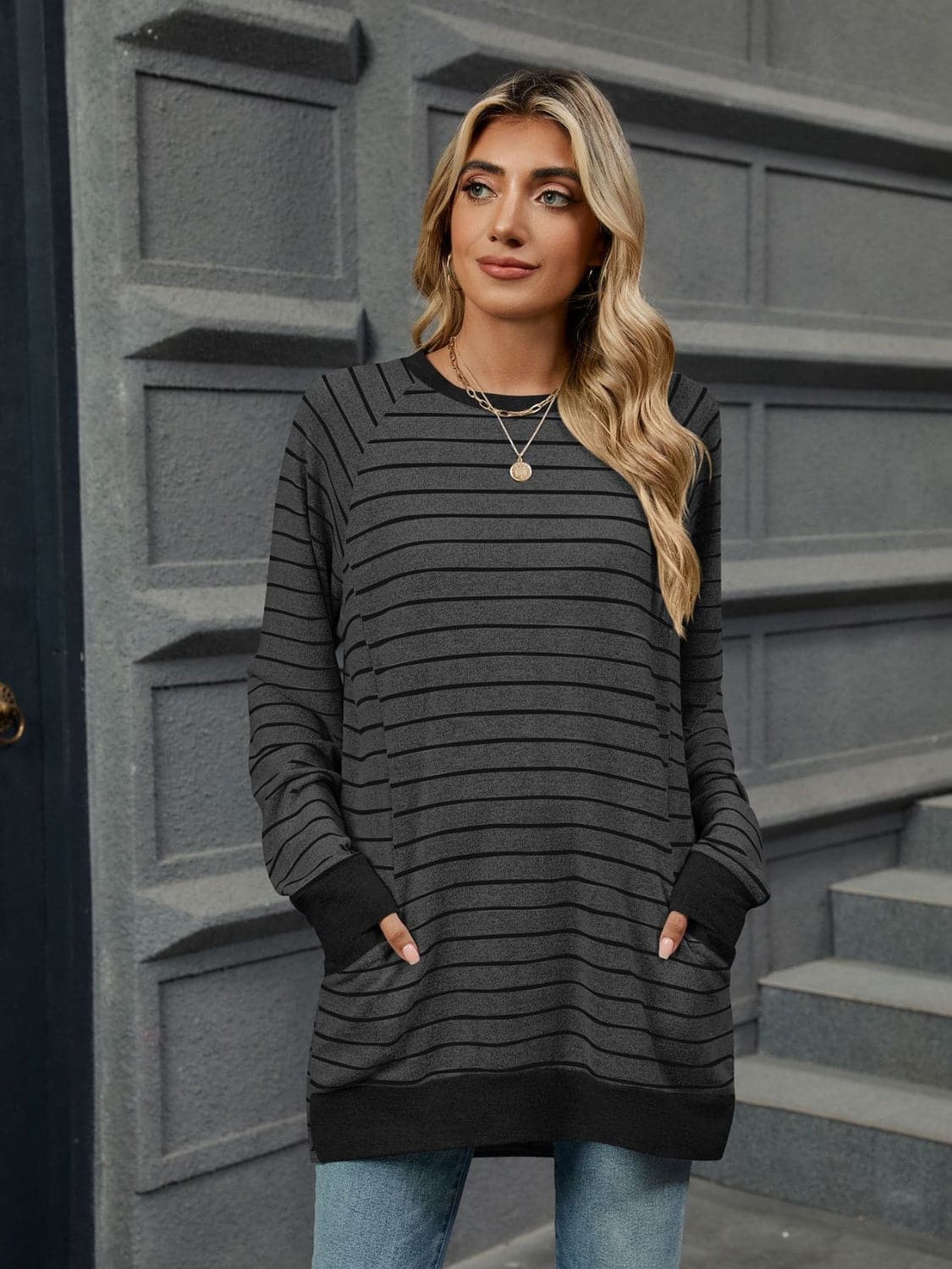 Pocketed Striped Round Neck Long Sleeve T-Shirt.