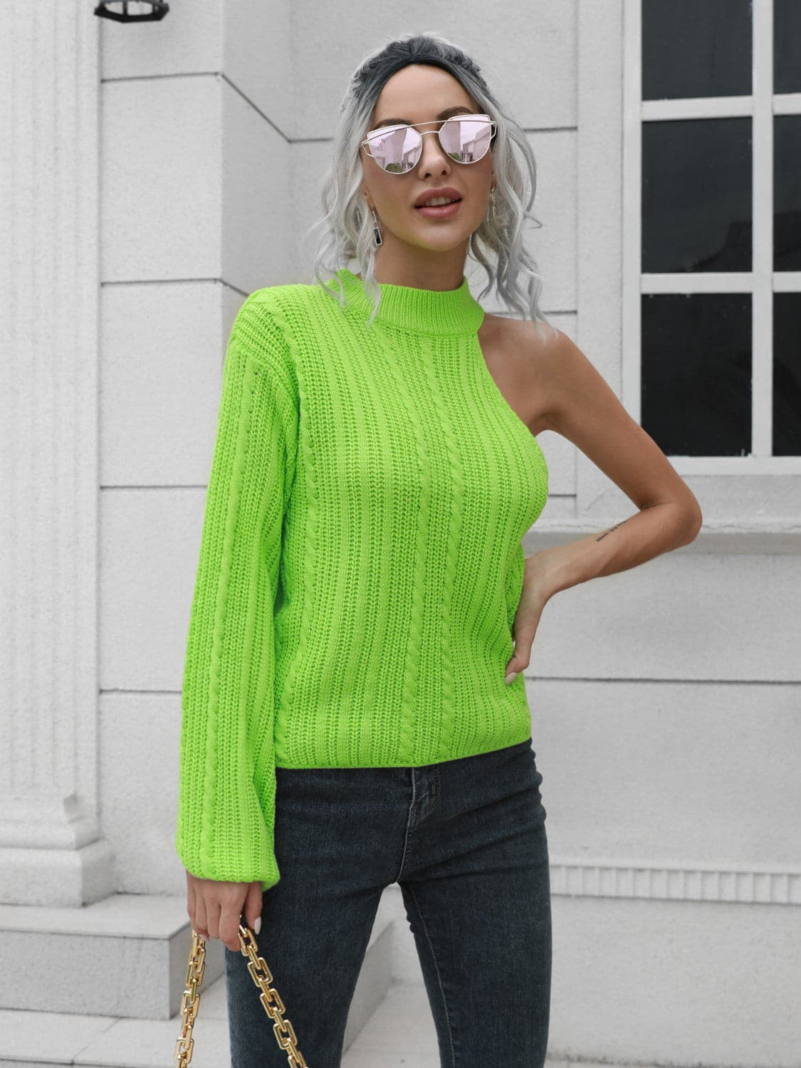 Cable-Knit Round Neck Asymmetrical Sweater.