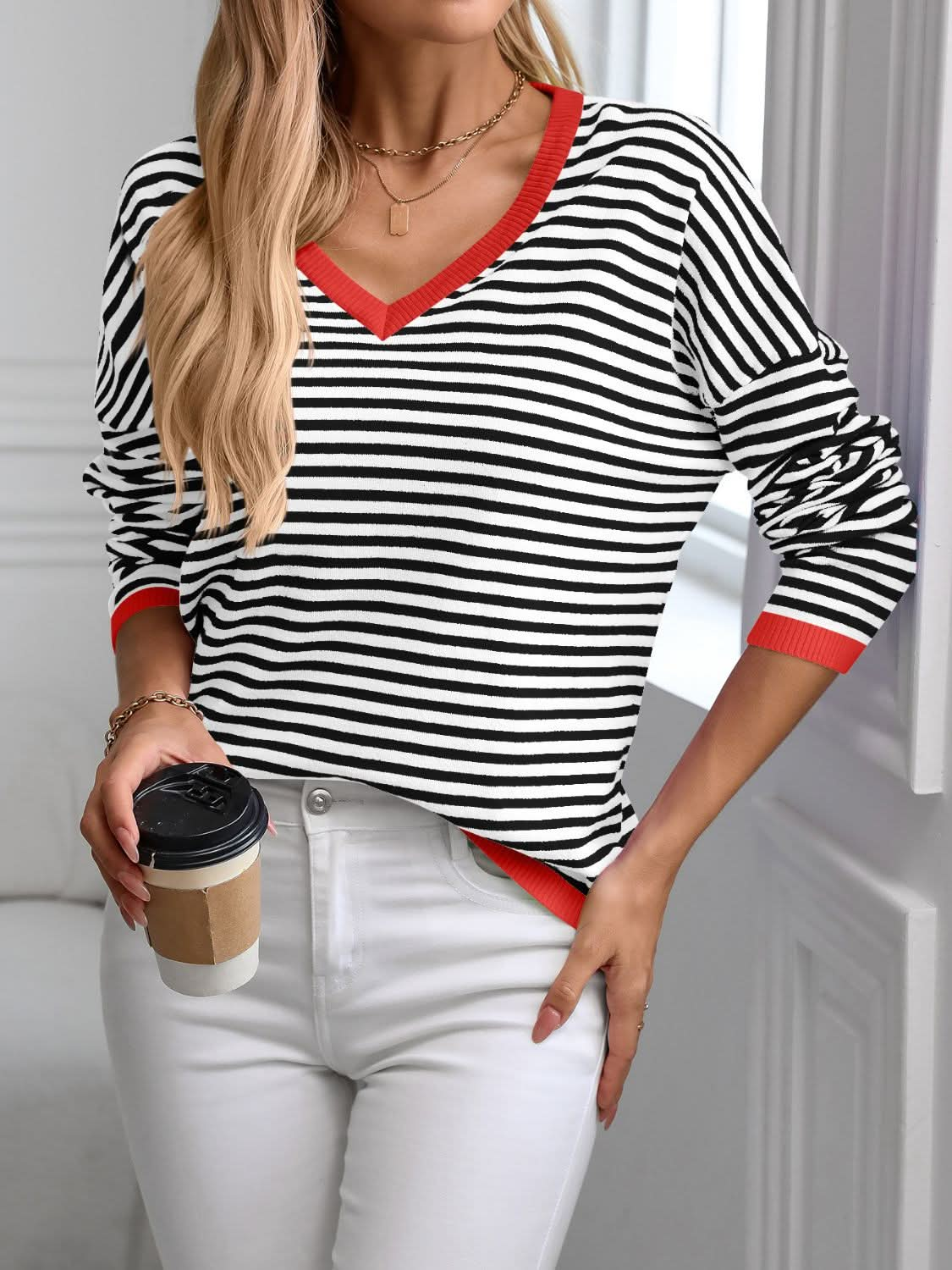 V-neck striped knit top with trim