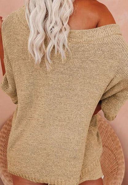 Cozy Round Neck Sweater Set with Drop Shoulder and Drawstring Shorts