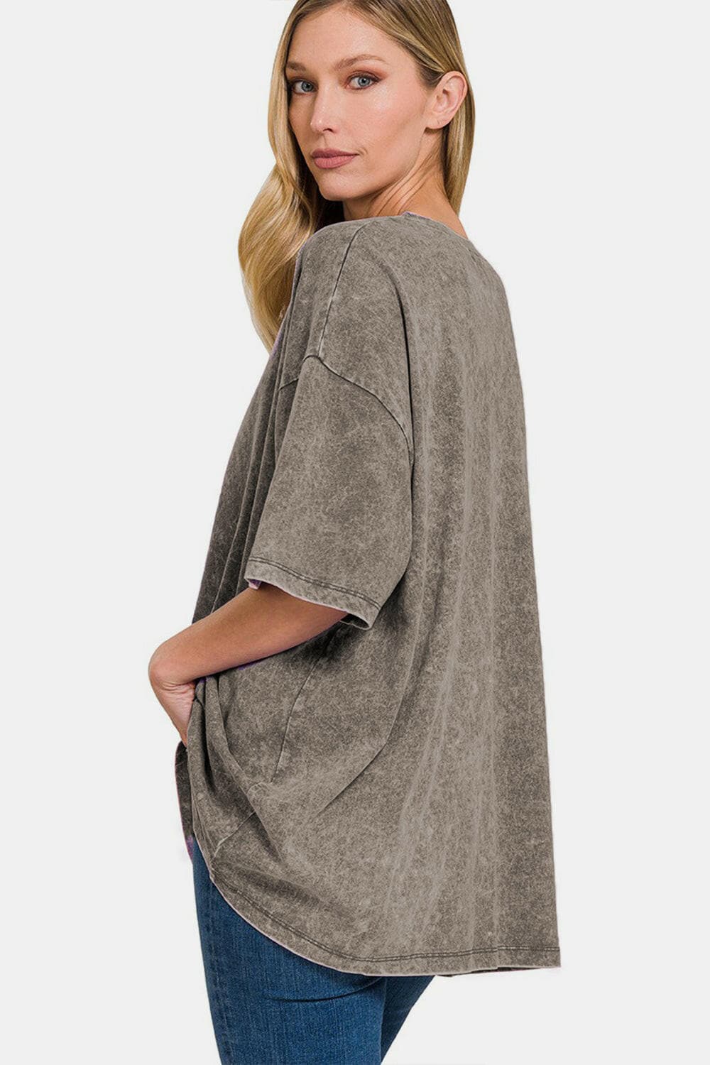 Zenana Washed Round Neck Drop Shoulder Oversized T-Shirt.