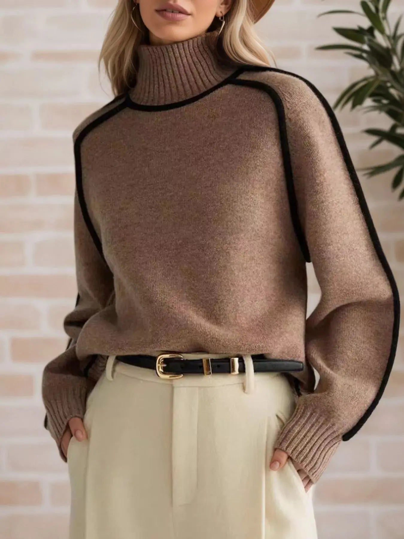 Cream Contrast Trim Turtleneck Sweater With Black Piping Simply Love