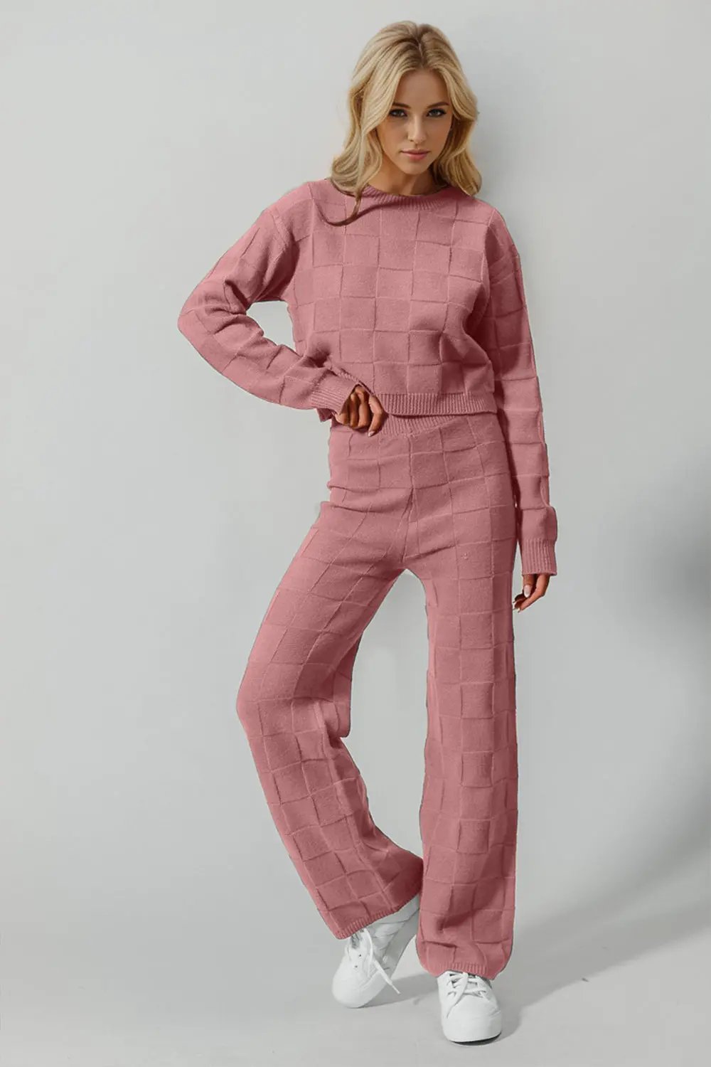 Double Take Full Size Checkered Round Neck Top and Pants Set - Love Salve