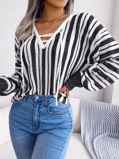 Lace-up striped long sleeve sweater