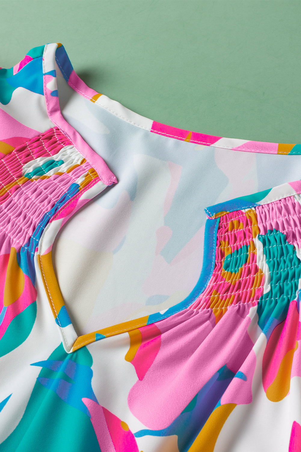 Multicolour Abstract Print Smocked Notched Neck Ruffle Blouse Divine Design4U