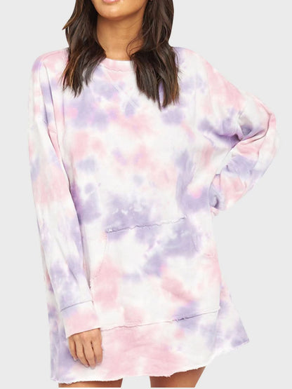 Chic Tie-Dye Long Sleeve Dress with Pockets and Stretch