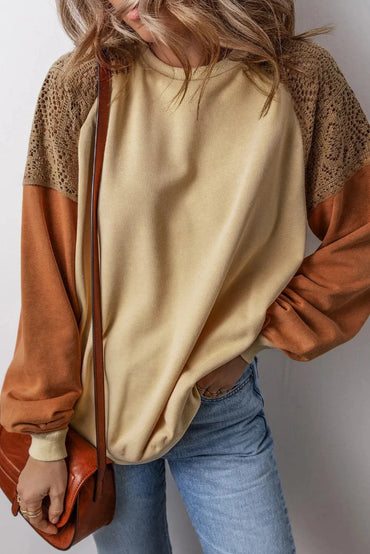 Lace-detail color block sweatshirt with long sleeves