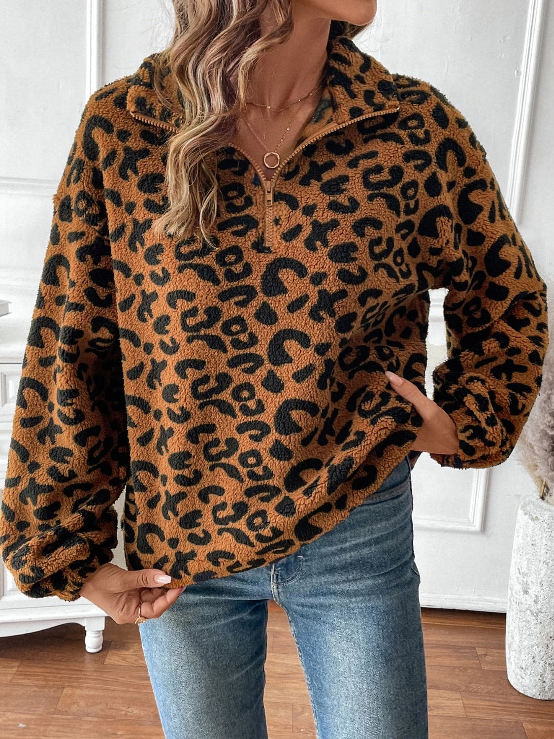 Leopard print zip-up long sleeve sweatshirt