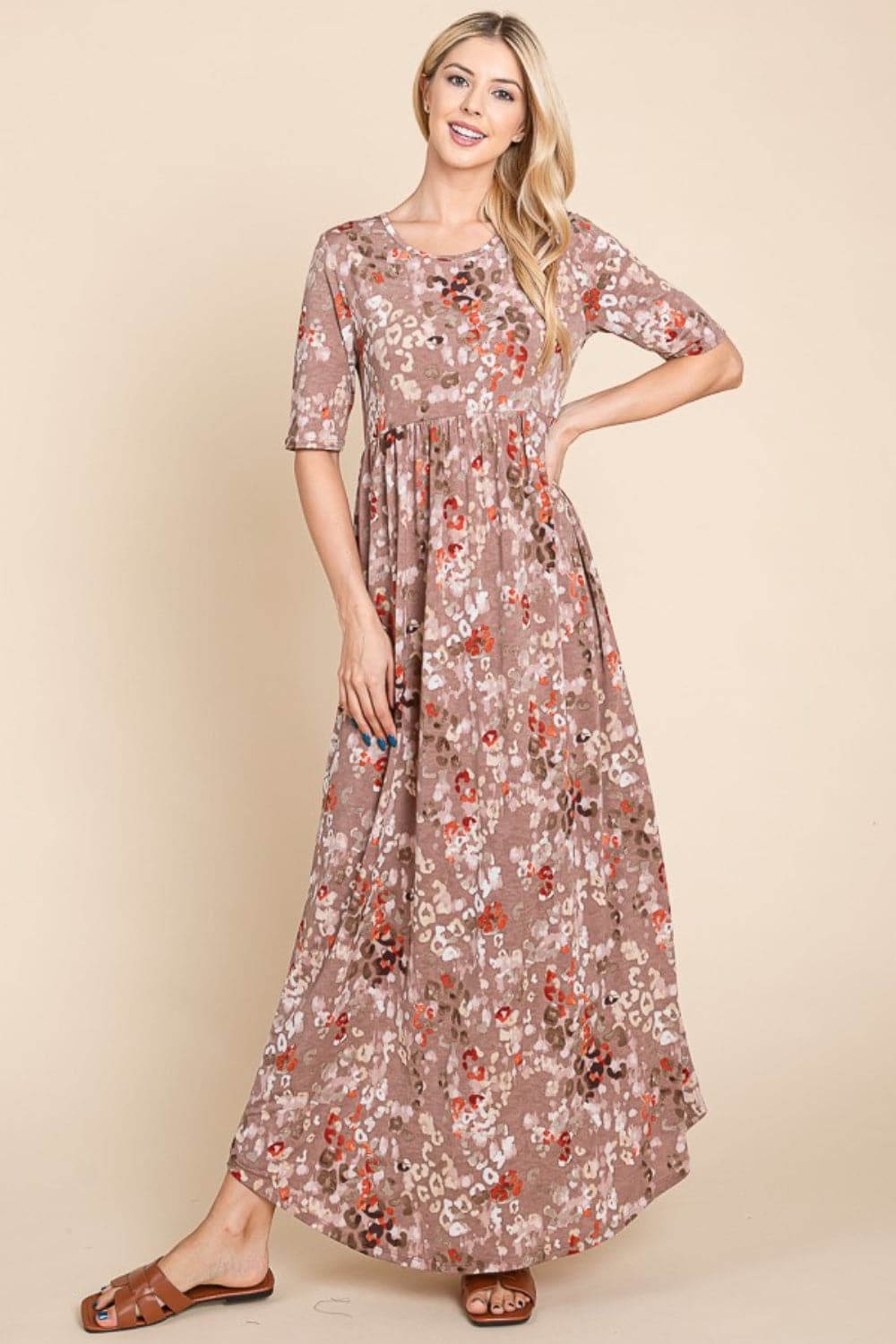 BOMBOM Printed Shirred Maxi Dress.