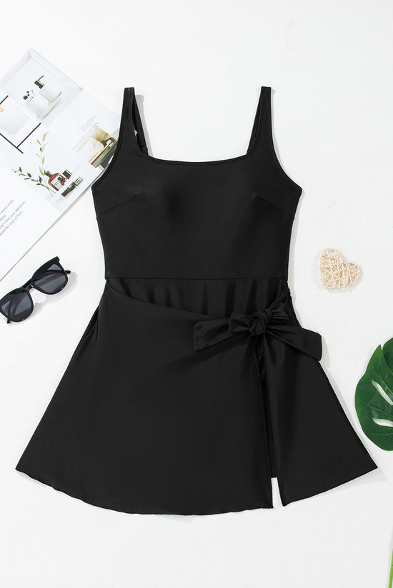 Black Side Tied Waist Square Neck Adjustable Straps Swim Dress