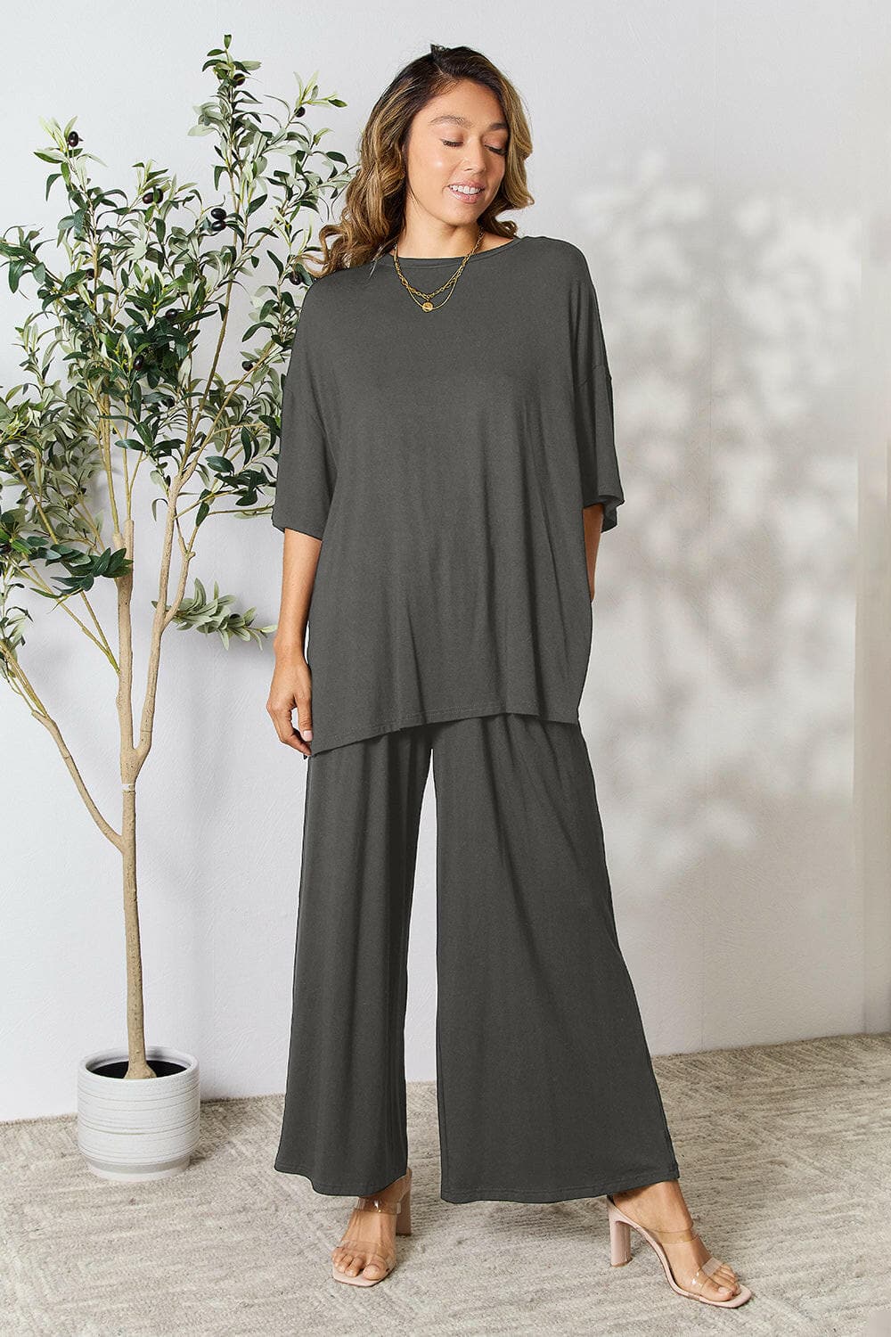 Double Take Full Size Round Neck Slit Top and Pants SetUpgrade Your Style with the Double Take Set
 Step into sophistication with our Double Take Full Size Round Neck Slit Top and Pants Set. This chic and versatile two-pLove Salve Full Size Round Neck Slit Topusa