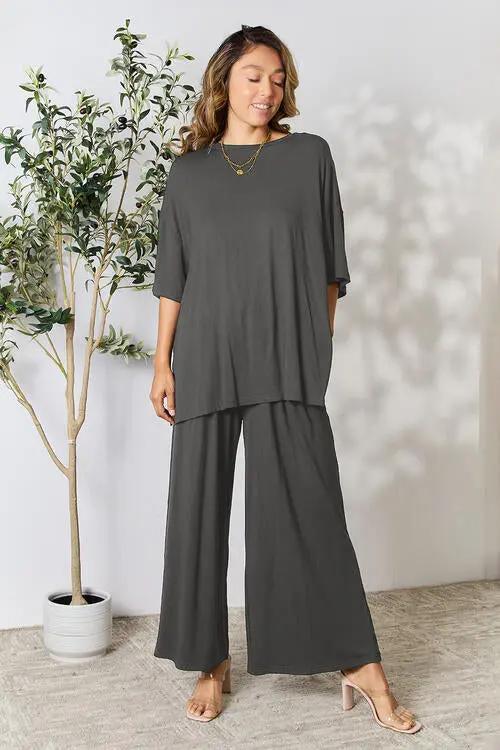 Double Take Full Size Round Neck Slit Top and Pants Set - Love Salve