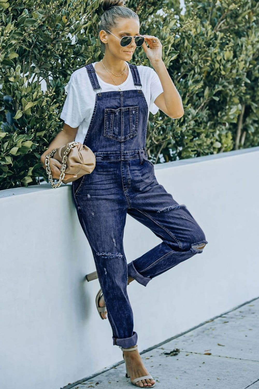 Pocketed Distressed Denim Overalls.