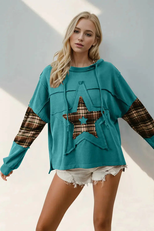 Double Take Drawstring Plaid Star Patch Long Sleeve Hoodie - Love Salve