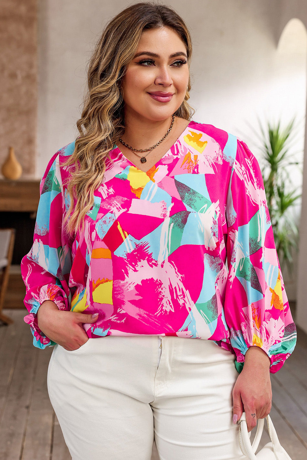 Vibrant pink plus size graffiti print blouse with split neck and puff sleeves