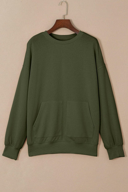 Pocketed Round Neck Dropped Shoulder Sweatshirt.