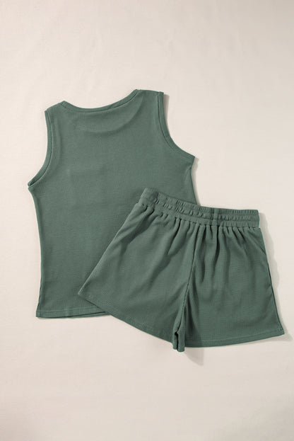 Mist green textured tank and drawstring shorts set with pocket detail