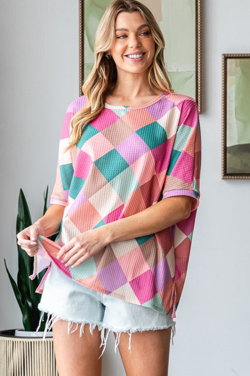 HOPELY Full Size Multi Colored Argyle Side Slit T-Shirt.