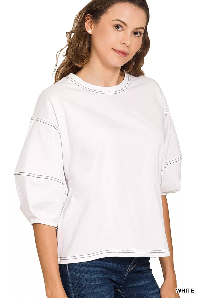 Zenana Balloon Sleeve Top with Contrast Stitching Simply Love