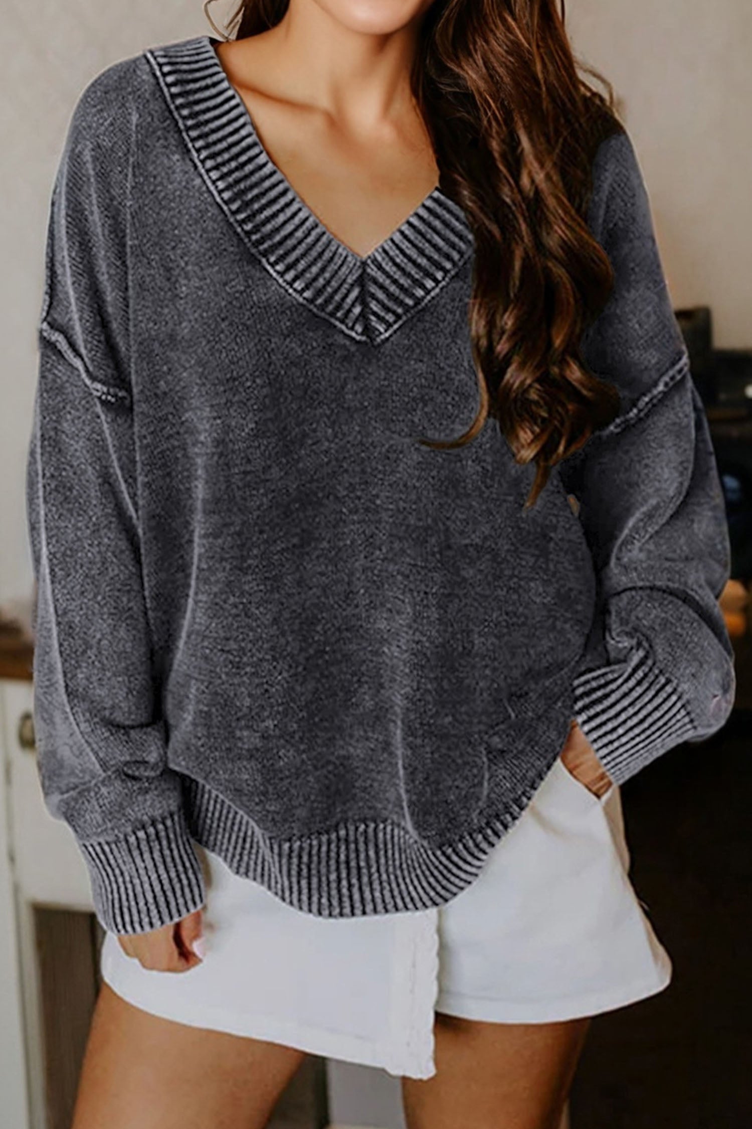Black Mineral Wash V Neck Knit Sweater Exposed Seams And Drop Shoulder Loose Dear-Lover Dropshipping