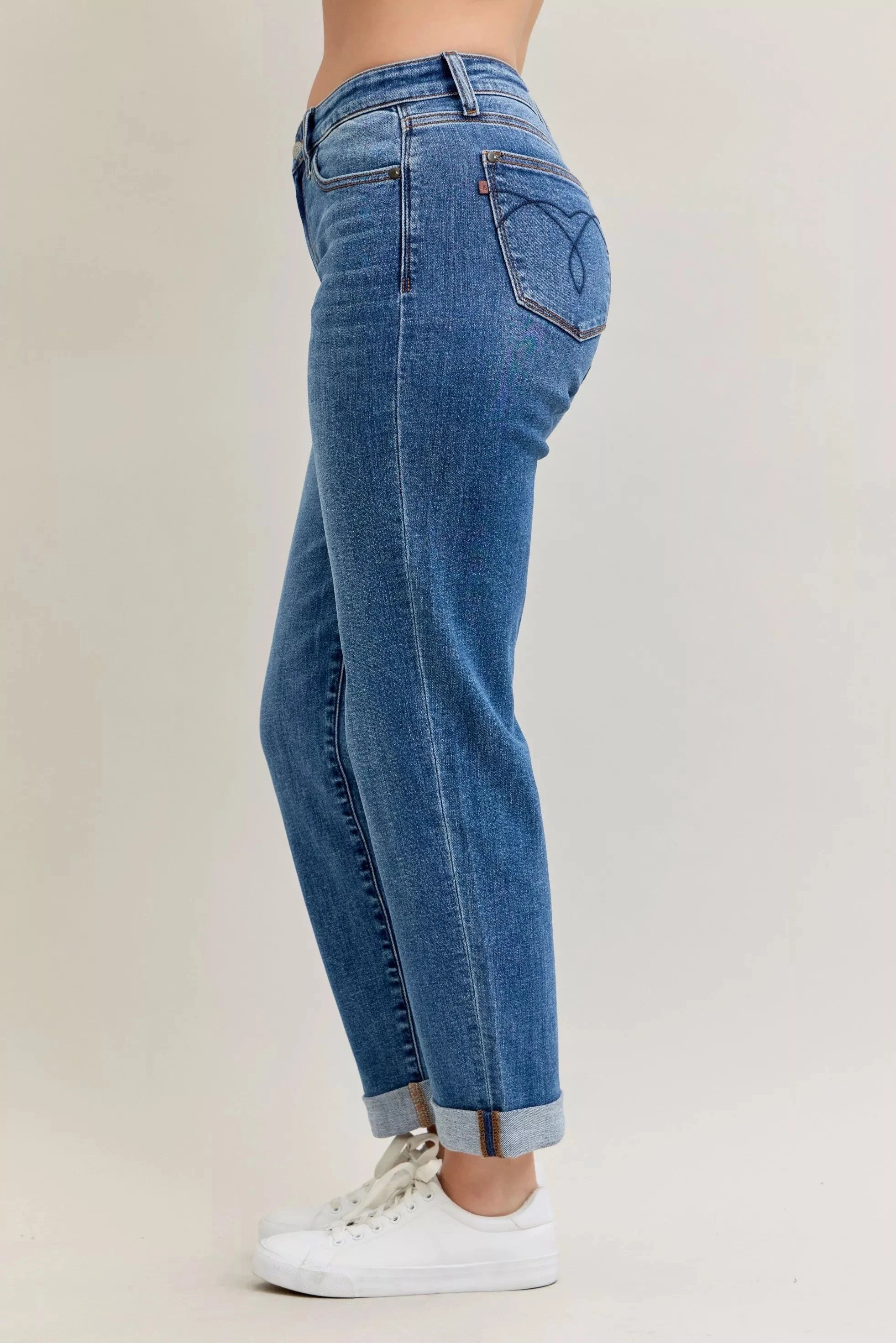 Judy Blue Full Size Mid Rise BF Classic Cuffed Jeans Plus Size Coco’s Tee Boutique