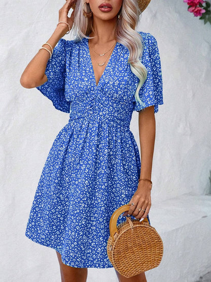 Printed V-Neck Half Sleeve Mini Dress.