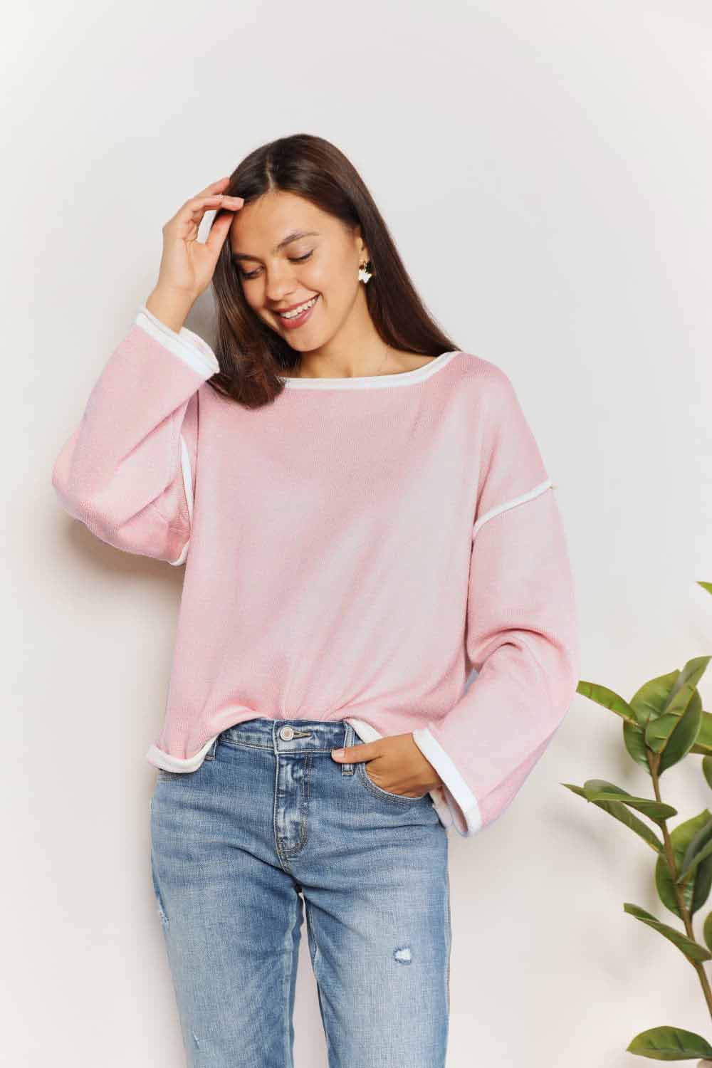 Contrast Detail Dropped Shoulder Knit Top.