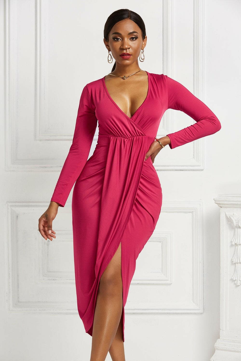 High-low Ruched Surplice Long Sleeve Dress.