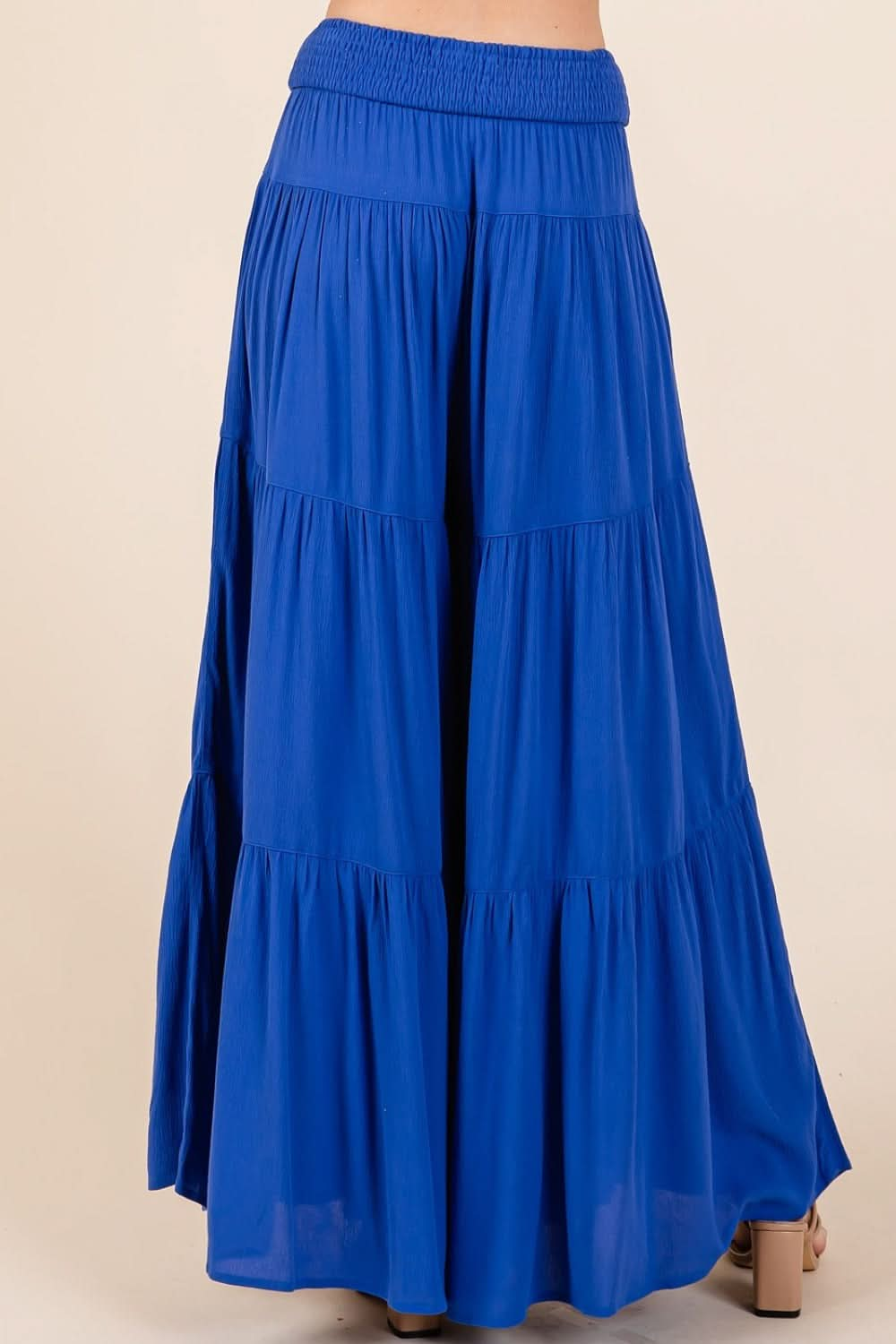 Elegant Tiered Wide Leg Smocked Pants with Elastic Waist and Pockets