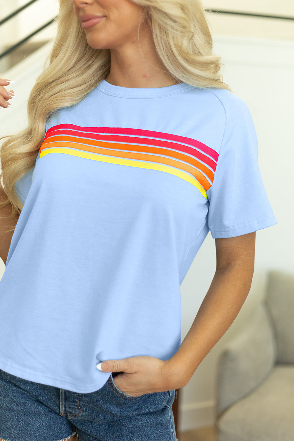 Beau Blue Striped Patch Front Casual Tee for Women
